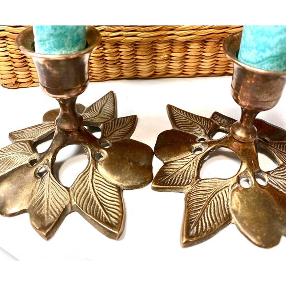 Leaf Design Brass Hand Crafted Candle Holder Set of 2 - Picture 6 of 6